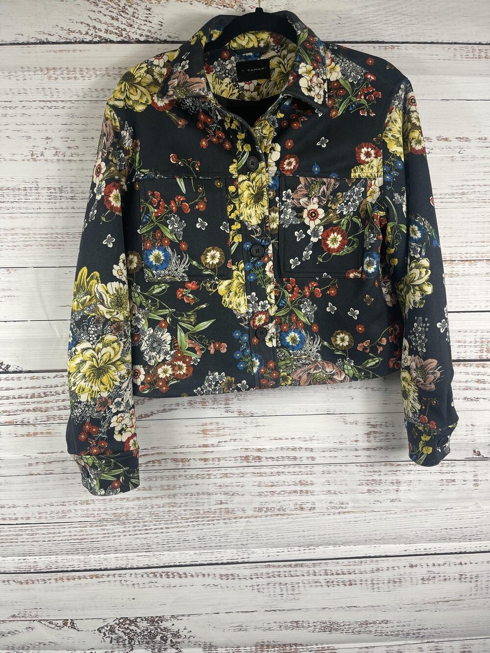 T Tahari Jacket Womens Medium Multicolor Satin Floral Button Front Cropped
